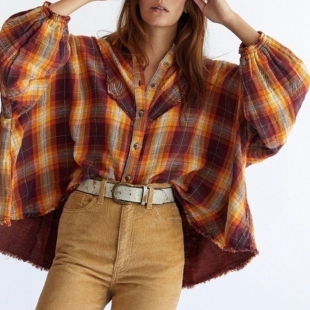 NWOT Free People Kyoto Plaid Oversized Top.